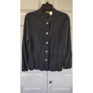 Islander Navy Blue Mandarin Linen Blend Collar Button-Up Jacket Large